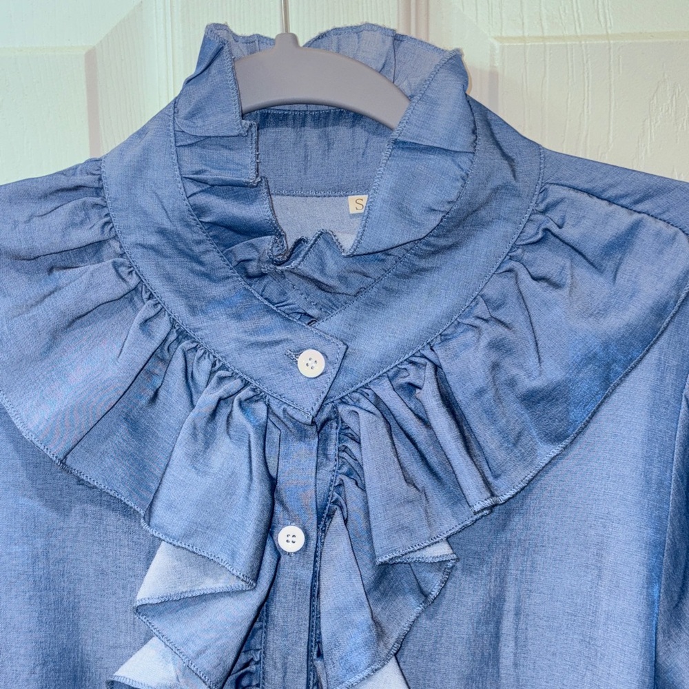 Chic Blue Ruffle Button Down Shirt - image 2